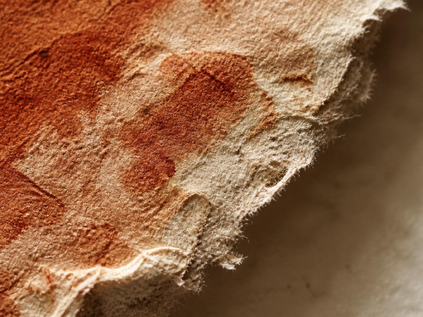 Macro detail of a torn cotton-paper edge stained with earth pigment