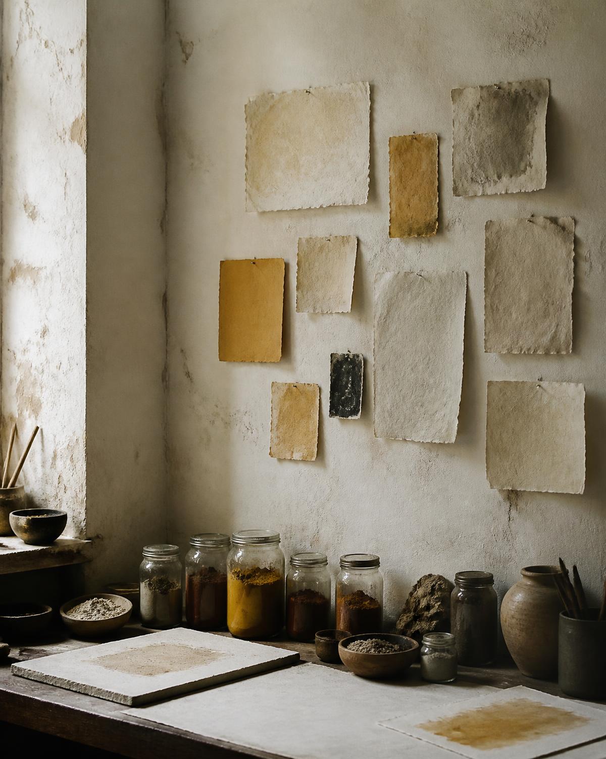 Handmade paper fragments pinned to a raw plaster wall, with pigment jars
